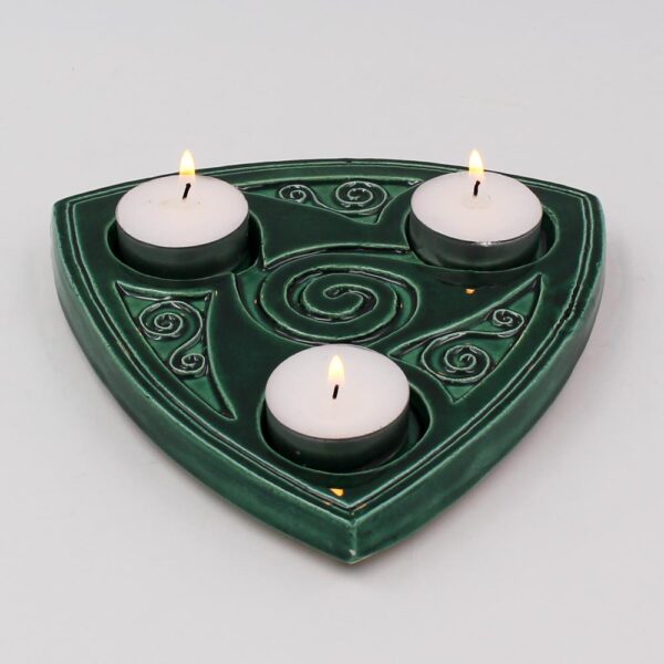 Triskele Candle Holder, emeral green, pottery made in Ireland by Callura Pottery