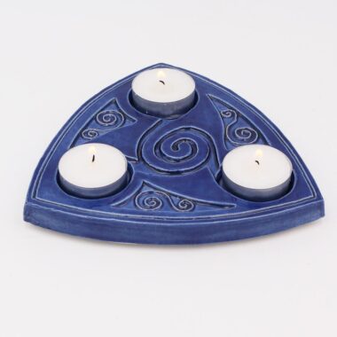Triskele Candle Holder (Blue), for 3 t-lights or small candle quality, Irish pottery made in Ireland