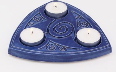 Triskele Candle Holder (Blue), for 3 t-lights or small candle quality, Irish pottery made in Ireland