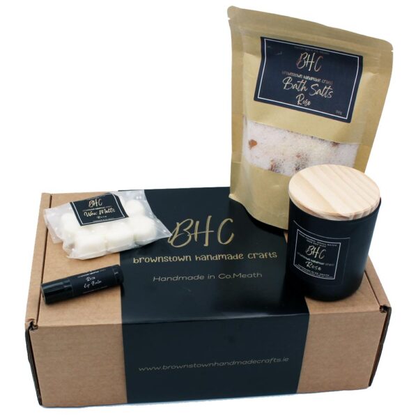 Rose Scented Pamper Gift Box, rose scented gift set made in Ireland by Brownstown Handmade Crafts