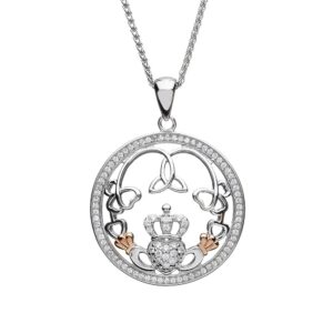 Trinity Knot and Claddagh Necklace, sterling silver & rose gold plated, made in Ireland