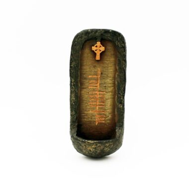 holy water font handmade in Ireland by O'Gowna Studios, with Celtic Cross and Ogham writing Faith