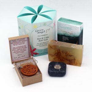 Mothers Day Gift Set, combination of 4 gifts made in Ireland, bath salts, soap, wood pendant and Kilkenny marble pocket angel stone