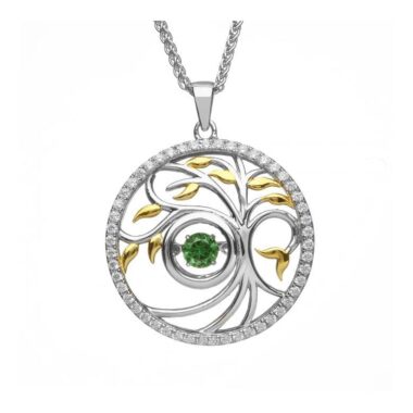 Tree of Life Necklace with green dancing stone, made in Ireland by Boru Jewllry, Dublin. Thoughtful gifts Ireland