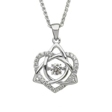 Trinity Knot and Heart Necklace with dancing Cubic Zirconia gemstone, made in Ireland by Boru Jewelry, Dublin. Perfect Celtic Love Knot Gift.