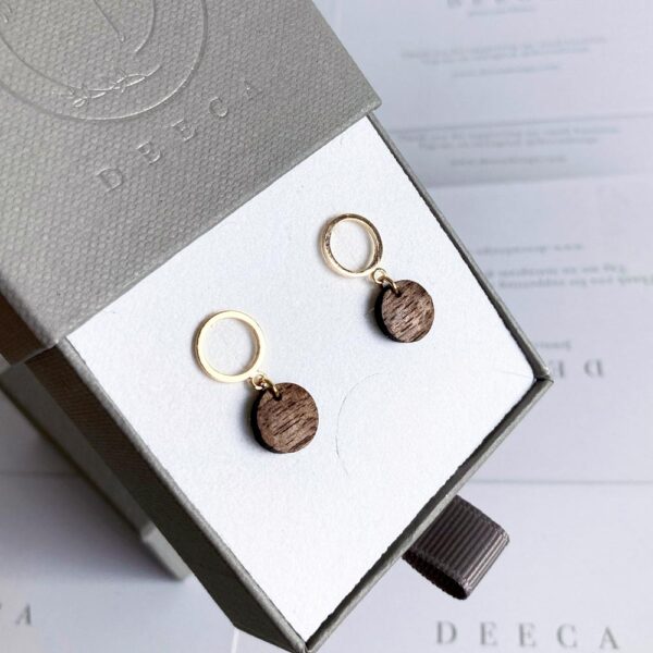 circle earrings handcrafted from walnut wood by Deeca Jewellery Designs, made in Ireland