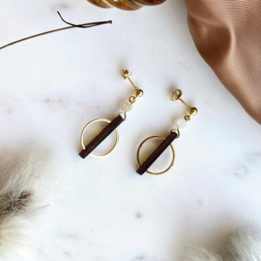 Pearl & Walnut Earrings handcrafted by Deeca Jewellery Designs, made in Ireland