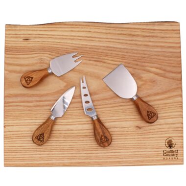 Wooden cheese board with set of 4 Cheese Knives with Celtic Trinity Knot design. Made in Ireland