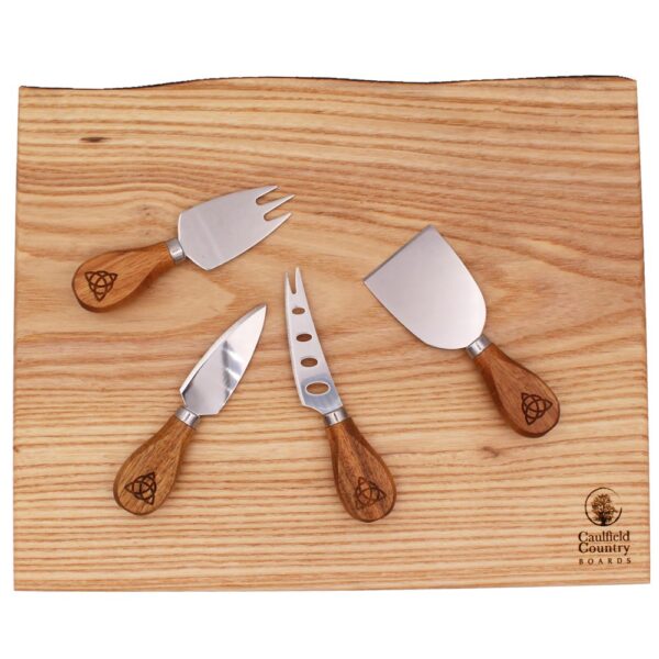 Wooden cheese board with set of 4 Cheese Knives with Celtic Trinity Knot design. Made in Ireland