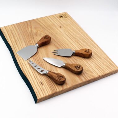 Wooden cheese board with set of 4 Cheese Knives with Celtic Trinity Knot design. Made in Ireland