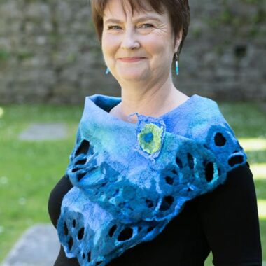 Kells Bay Artisan Wrap Scarf, larger scarf to drape. Blue/Green colours inspired by the West Coast of Ireland. Handmade in Ireland, each unique