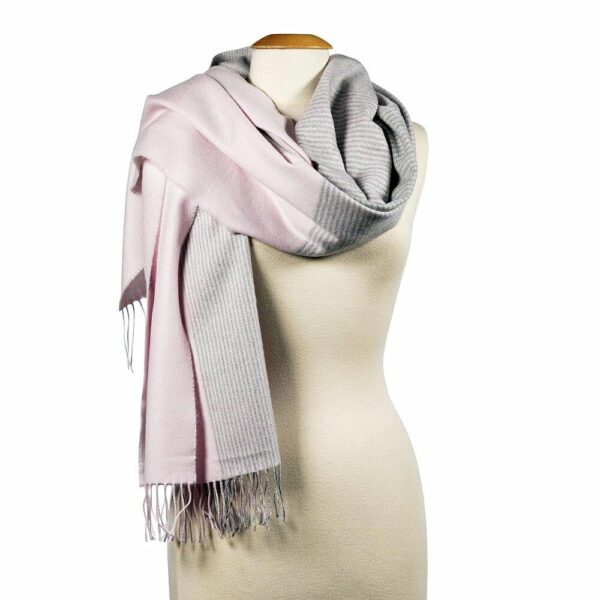 Fabulous wrap woven from 100% merino wool, 100% Merino Wool Wrap, beautiful pattern with baby pink and grey sections, by John Hanly mills
