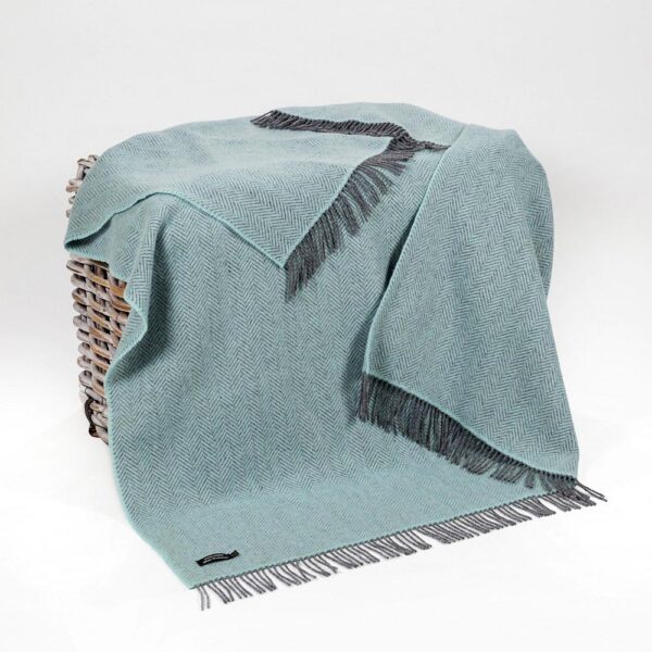 Cashmere Throw Herringbone in duck egg and grey colour combination. Woven in John Hanly woolen mills, made in Ireland