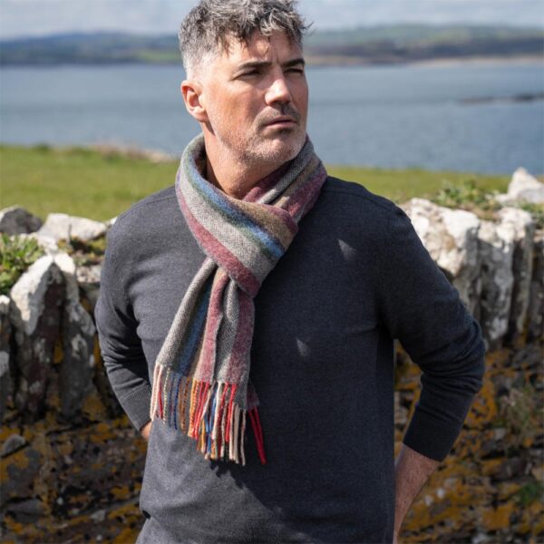 Wool Scarf for Men Herringbone Stripes of red, beige, green, blue, purple & mustard. From the range of woollens by John Hanly. Made in Ireland