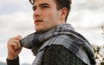 Wool Scarf for Men, Grey Charcoal Silver Block Check. 100% lambswool. From the range of woollens by John Hanly. Made in Ireland