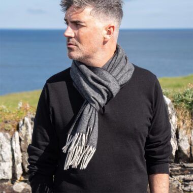 Wool Scarf for Men Herringbone pattern, cream and grey. From the range of woollens by John Hanly. Made in Ireland