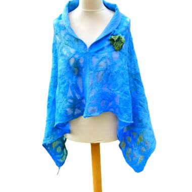 Kells Bay Artisan Poncho, blue and green colours inspired by the west coast of Ireland. Made in Ireland by Jayne Gillan, Kerry