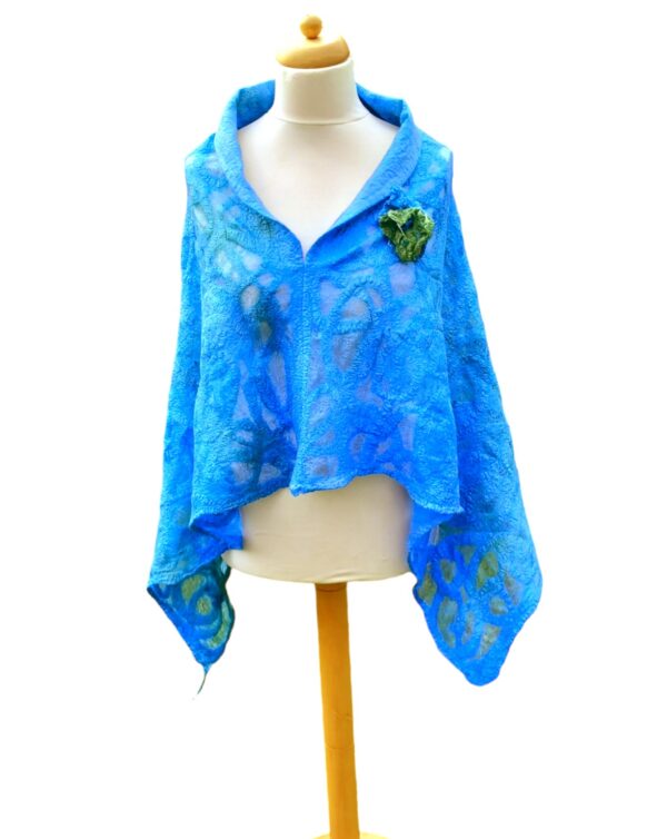 Kells Bay Artisan Poncho, blue and green colours inspired by the west coast of Ireland. Made in Ireland by Jayne Gillan, Kerry