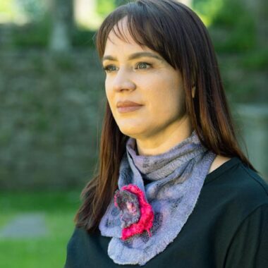 Kells Bay Necktie Scarf and Brooch (Ash Purple). Handmade and hand-dyed. 50% merino wool and 50% silk. Made in Ireland