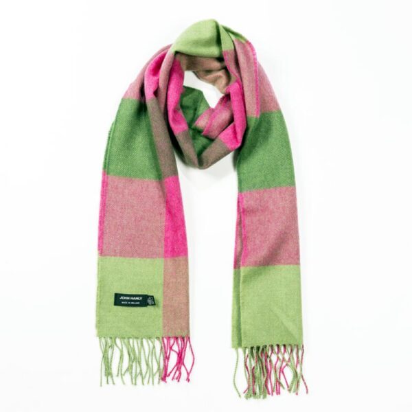 Luxury Merino Wool Scarf Pink Green, gifts for women. Made in Ireland by John Hanly Woollen Mills