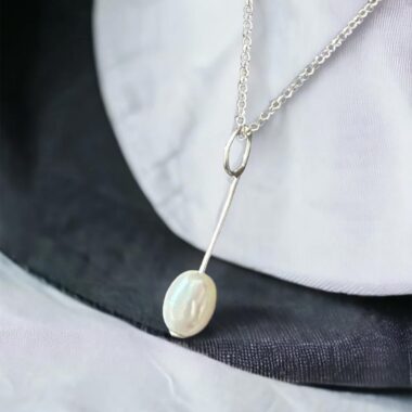Pearl Drop Pendant, freshwater pearl on a sterling silver wire. Handcrafted in Ireland by Yvonne Bolger