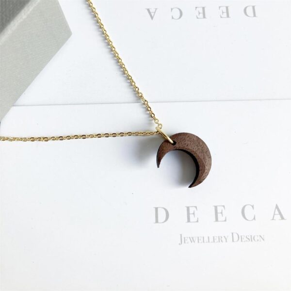 Moon Necklace handcrafted from walnut wood, by Deeca Jewellery Ireland