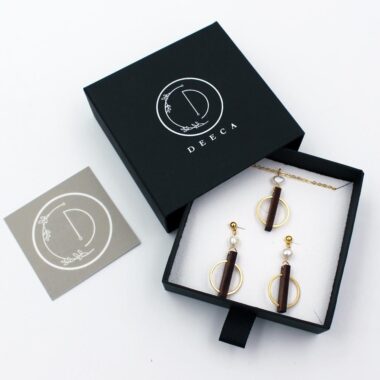 Pearl & Walnut Jewellery Set, necklace and earrings set handcrafted by Deeca Design Ireland