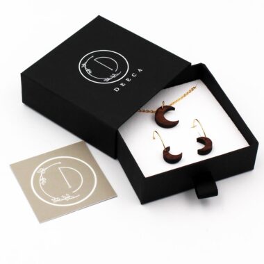 Moon Necklace and Earrings Set, handcrafted from walnut wood, by Deeca Jewellery Ireland