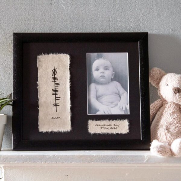 Personalised Ogham Christening Photo Frame, Ogham painted on handmade paper in a wood frame. Name and date included Made in Ireland