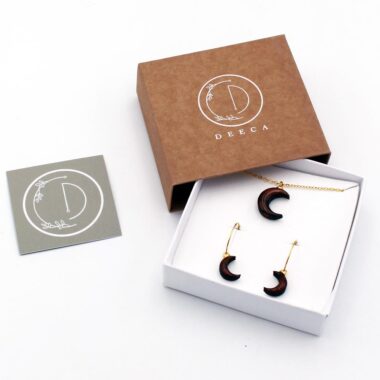 Moon Necklace and Earrings Set, handcrafted from walnut wood, by Deeca Jewellery Ireland