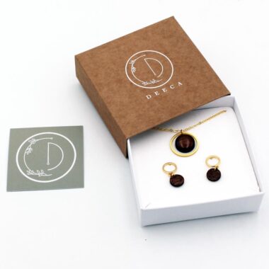 Circle Necklace and Earrings Set made from walnut wood, handmade in Ireland by Deirdre Caulfield, Deeca Jewellery Designs